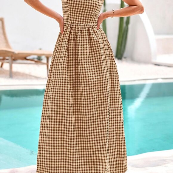Elegant Women's 2025 Summer Spaghetti Strap Maxi Dress with Pockets - Coffee - Picture 8 of 8